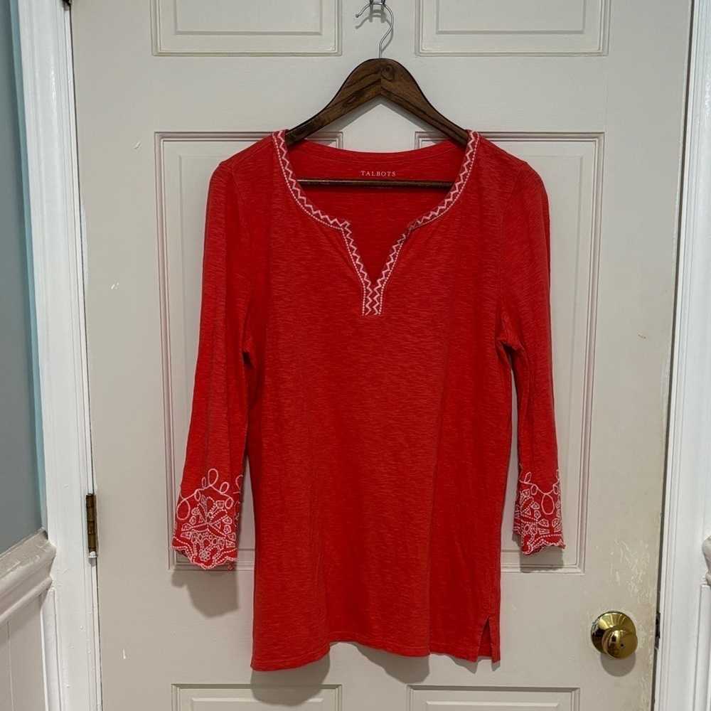 Talbots Cotton Embroidered Detailing Bell Sleeve Tunic Coral Color Size Medium